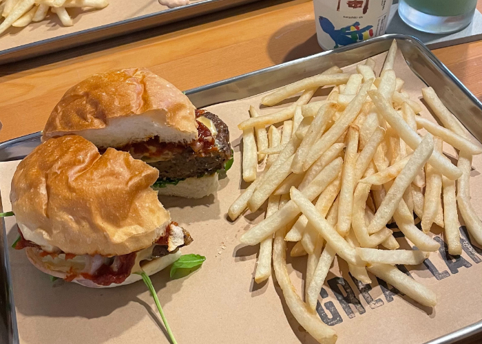 Vegan burger in Tokyo from Great Lakes with a side of fries