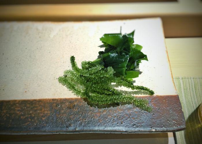 A small serving of green umibudou and wakame seaweed on a dark brown and cream rectangular plate