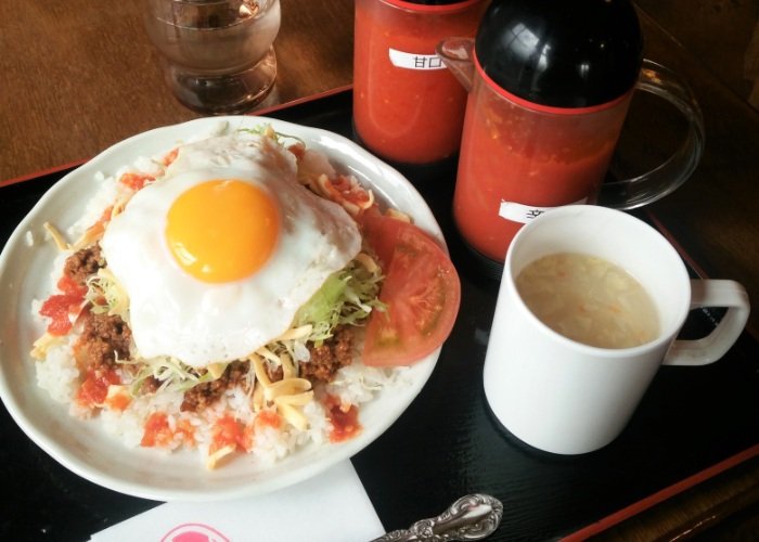 Taco rice in Okinawa with an egg on top