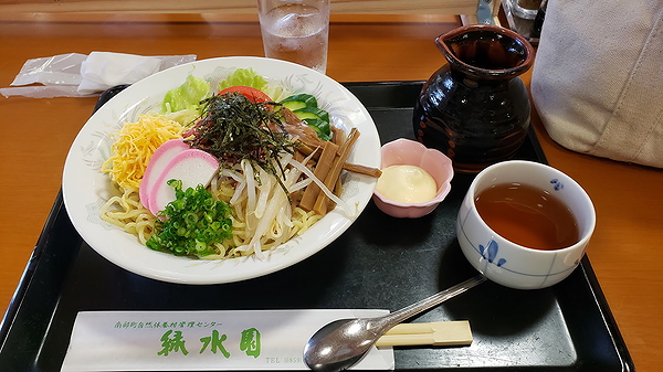 Traditional Japanese ramen with toppings and tea
