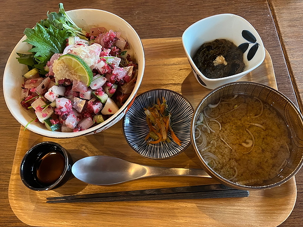 Traditional Japanese meal with fish, miso soup, and seaweed salad