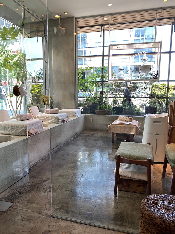Modern restaurant interior with glass walls and lush greenery