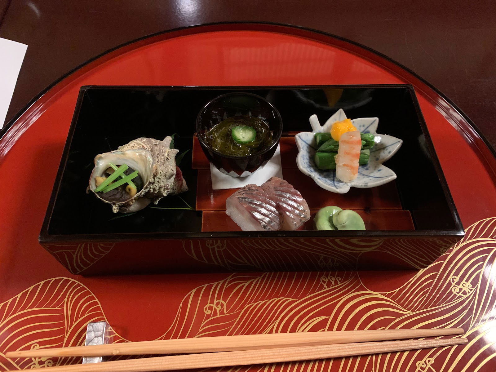 A stylish serving of small dishes at Nabejaya Korin, served in traditional lacquerware.