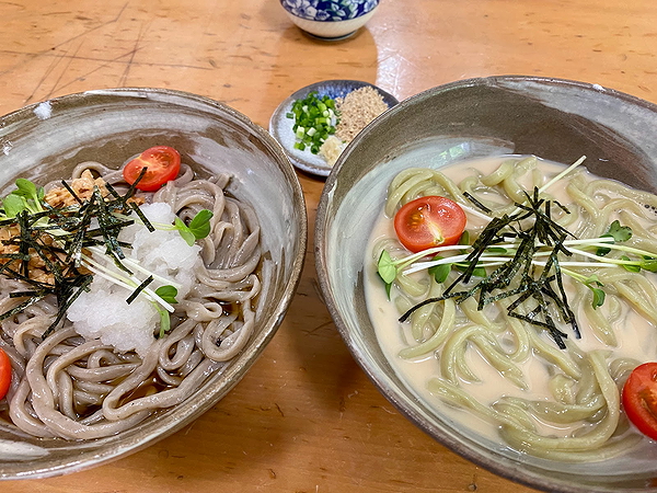 Delicious soba noodle dishes with fresh toppings in an Asian restaurant
