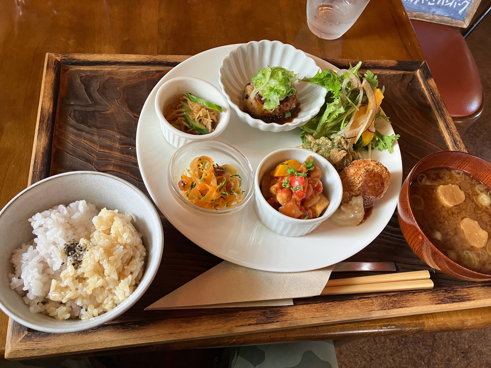 Colorful Japanese lunch set with rice and miso soup