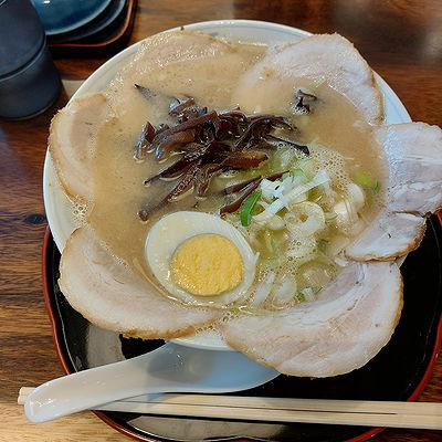 Delicious bowl of tonkotsu ramen with sliced pork and egg