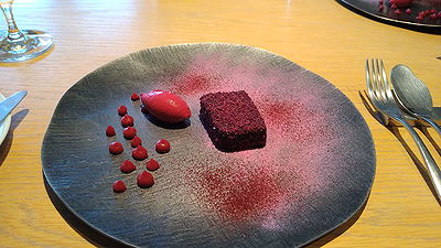 Elegant dessert plate with artistic raspberry presentation