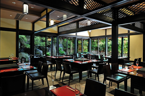 Elegant Japanese restaurant with serene garden view seating