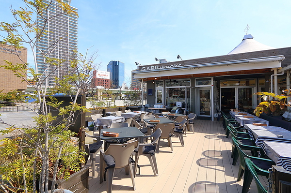 Chic rooftop restaurant with city skyline view