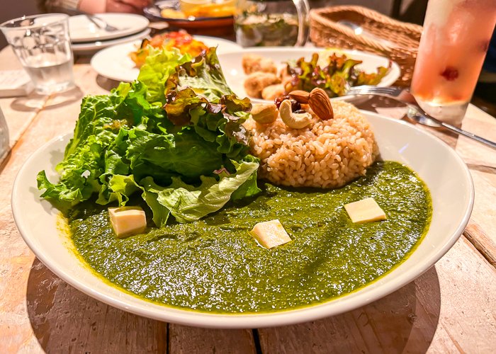 Vegan green curry on a plate with salad
