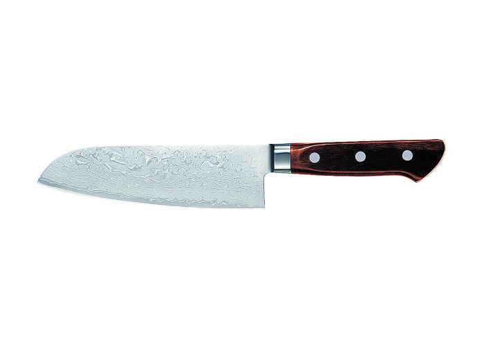 A Japanese knife with a dark brown handle and broad silver blade against a white background