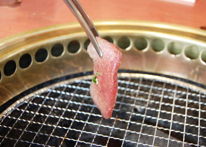 A small piece of meat being held over a grill mesh