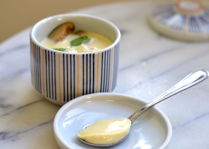 A spoonful of the Japanese savory egg custard, chawanmushi