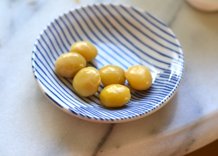 Ginnan, boiled ginko nuts, in a small dish