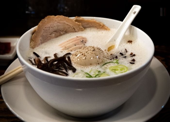 A bowl of creamy tonkotsu ramen soup
