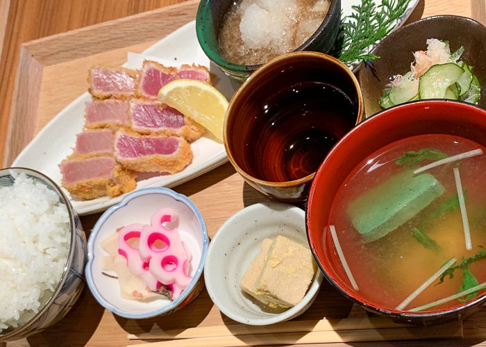 A Japanese lunch spread with tuna katsu