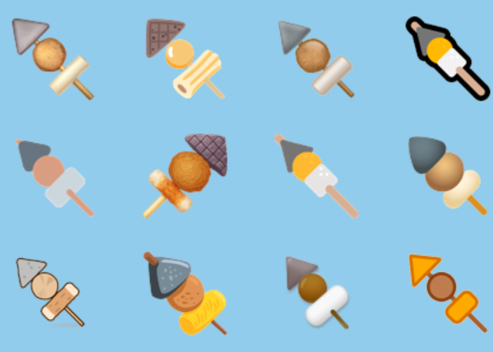 A selection of oden emojis from sources like apple, windows, etc.
