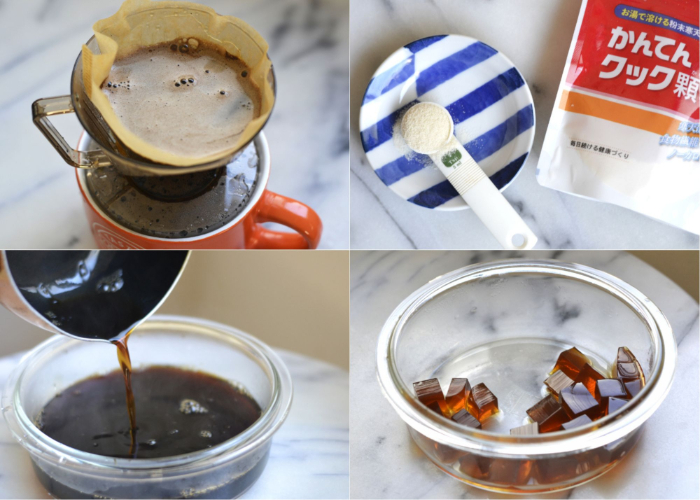 Grid of four photos showing how to make Japanese coffee jelly step-by-step