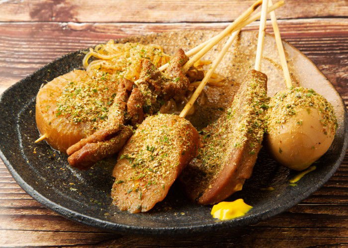 Shizuoka oden, each ingredients on the plate is skewered