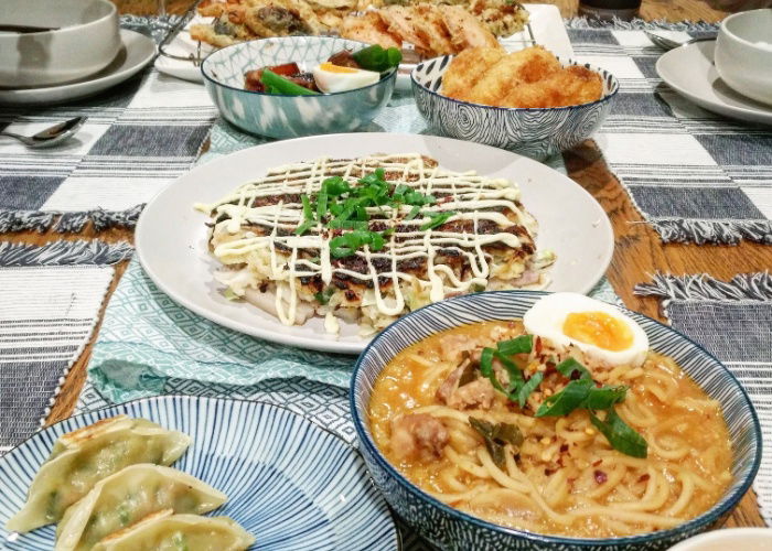 Japanese food feast with table cloths