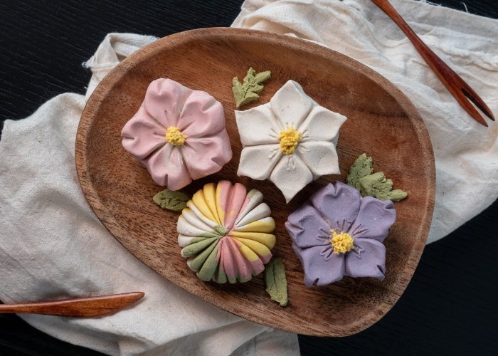 Handmade Japanese sweets on a wooden plate