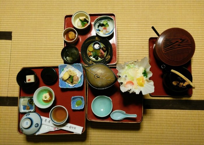 Shojin ryori flat lay on tatami mats and trays