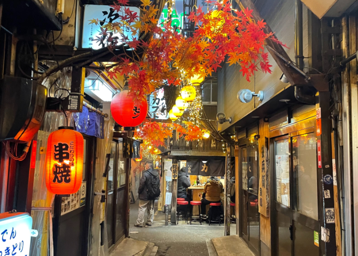 Omoide Yokocho lit up by lanterns