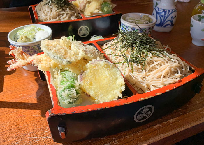 tempura and soba on a two part tray