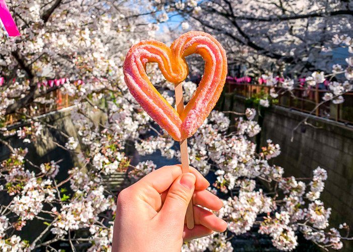 Heart shaped churro on a stick in front of sakura