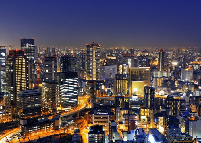 Panoramic view Osaka at night, Japan