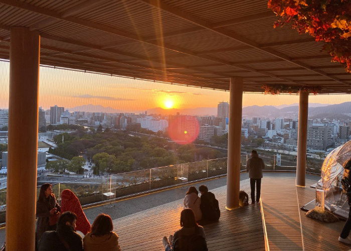 Beautiful sunset at Orizuru Tower Rooftop observatory in Hiroshima