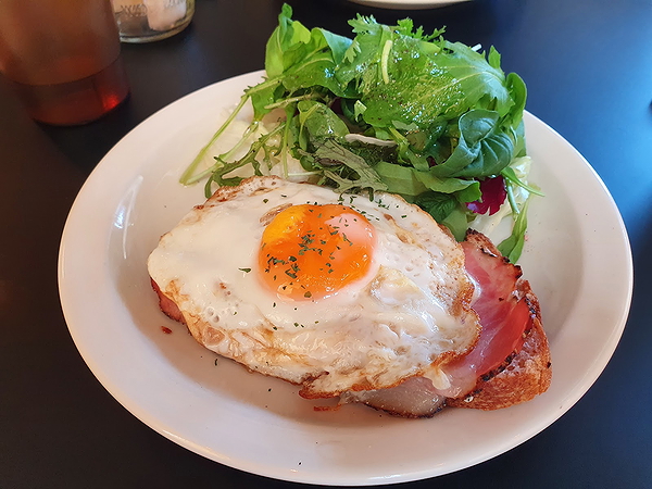 Croque madame with fresh salad on plate at gourmet restaurant