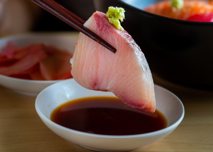 Close up of sashimi Japanese food, Sashimi hamachi and wasabi