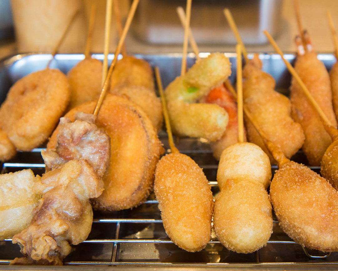 Various kushikatsu on a tray