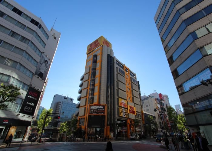 A photo of the Tower Records building in Shibuya, Tokyo