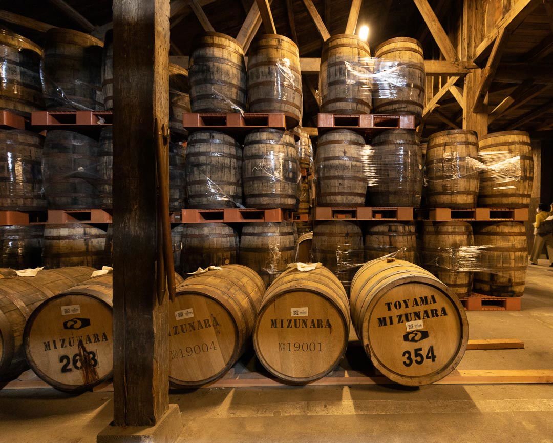 Barrels of whisky at this Toyama whisky distillery.