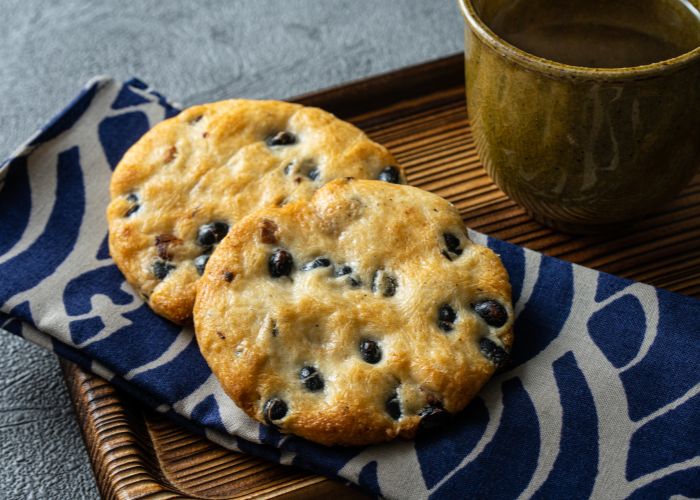 Senbei is a type of Japanese rice cracker, often served with green tea.