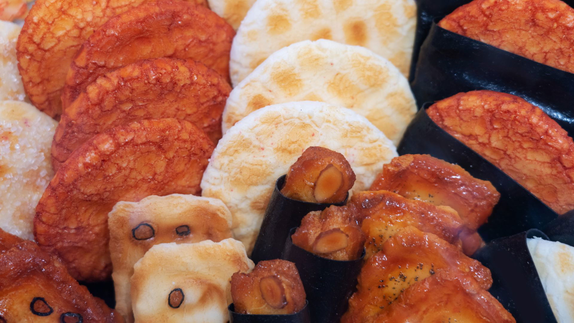 Assorted Japanese rice crackers with different textures and colors