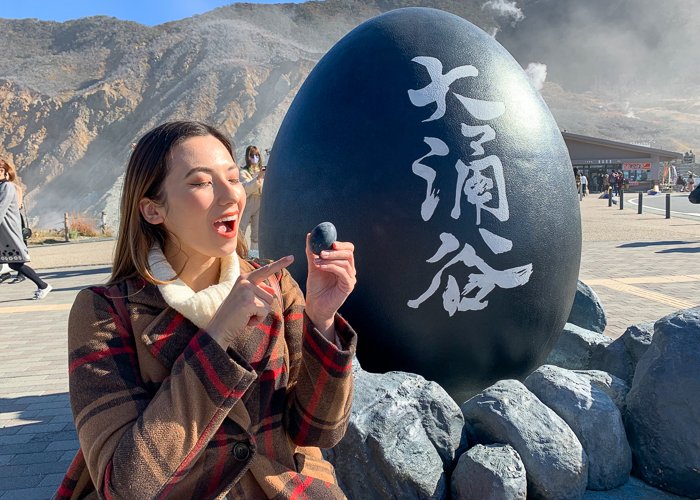 Shizuka holding a Hakone black egg