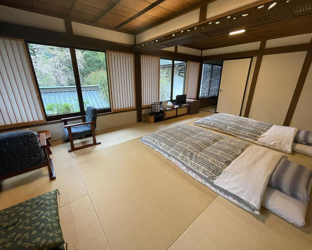 The beautiful rooms of Kakurinbo, featuring traditional ryokan interiors.