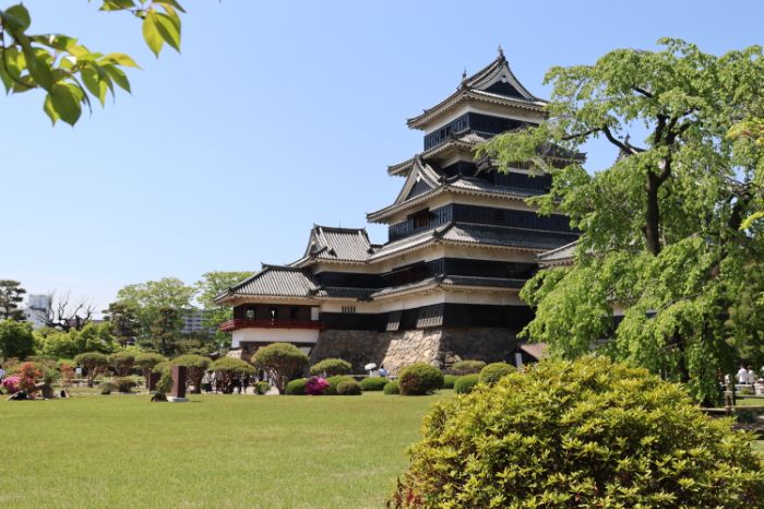 Matsumoto Castle as seen from the castle gardens with greenery in the foreground