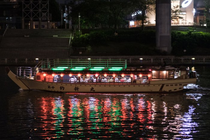 Yakatabune restaurant boat in Tokyo, at night
