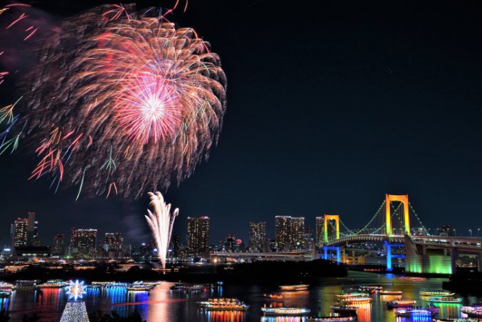 Yakatabune in Tokyo Bay during a Summer Fireworks Festival