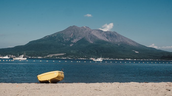 View of Sakurajima, an active volcano, from a beach