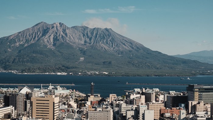 Sakurajima, an active volcano, with Kagoshima city in the foreground