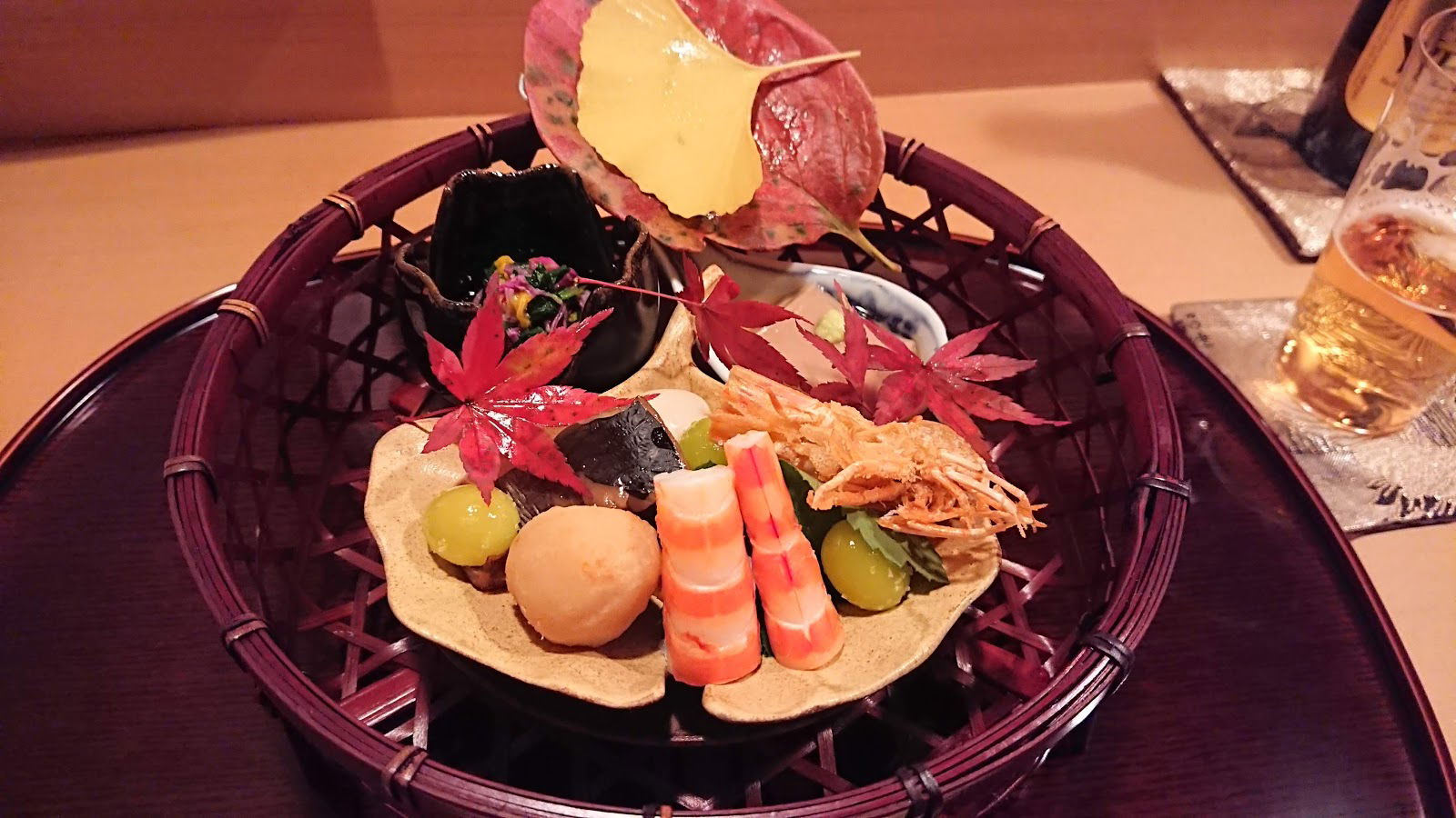 Elegant autumn-themed Japanese cuisine presentation