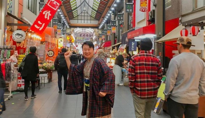 Osaka food tour of Kuromon Market; Tour Guide Yoko leads the way