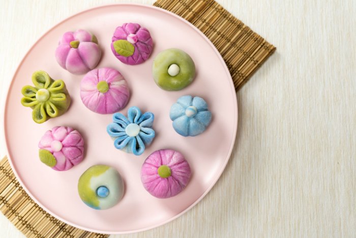A plate of colorful Japanese wagashi sweets