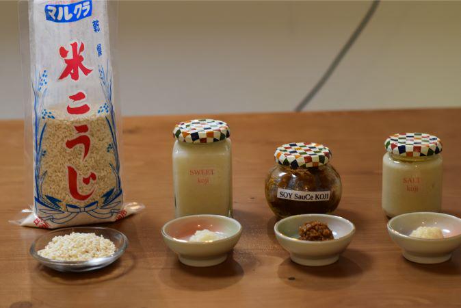 A selection of different uses of koji, including soy sauce and miso.