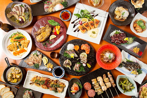 Gourmet dishes assortment at upscale Japanese restaurant